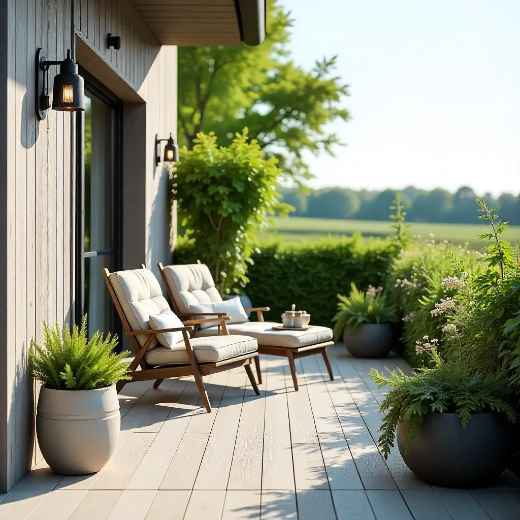 Moderne keramiske og trebeholdere med frodige grønne planter og urter på en terrasse