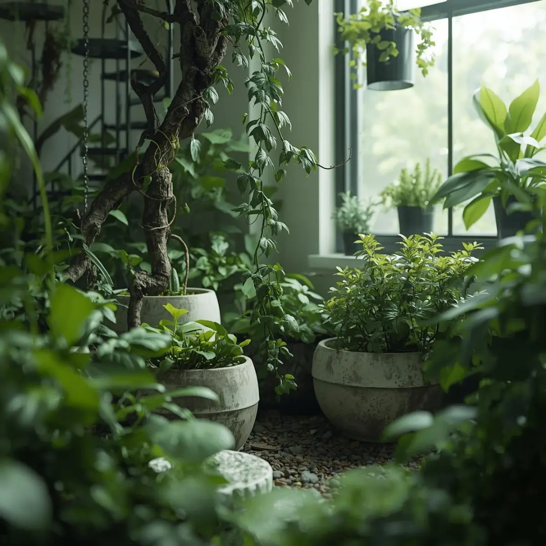 Innendørs minihage med grønne planter i moderne keramiske potter