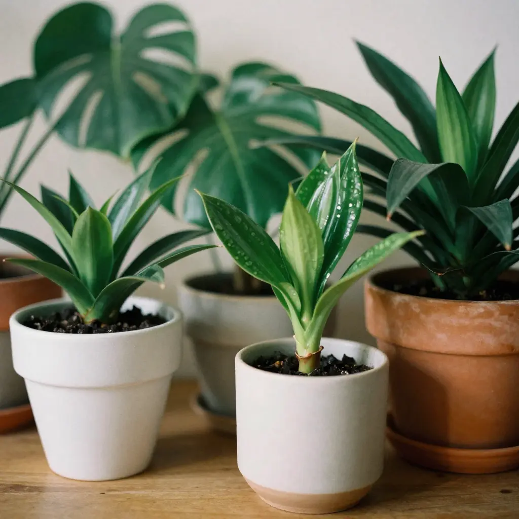 Samling av dekorative plantekrukker med frodige grønne planter